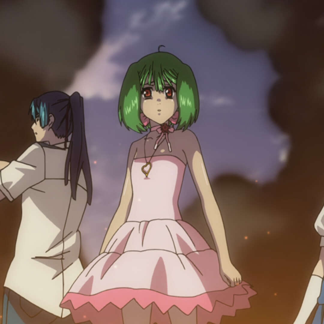 Ranka flanked by Alto and Sheryl with smoke and fire rising around them