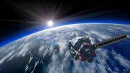 Toybox in orbit over earth with a sunrise ahead